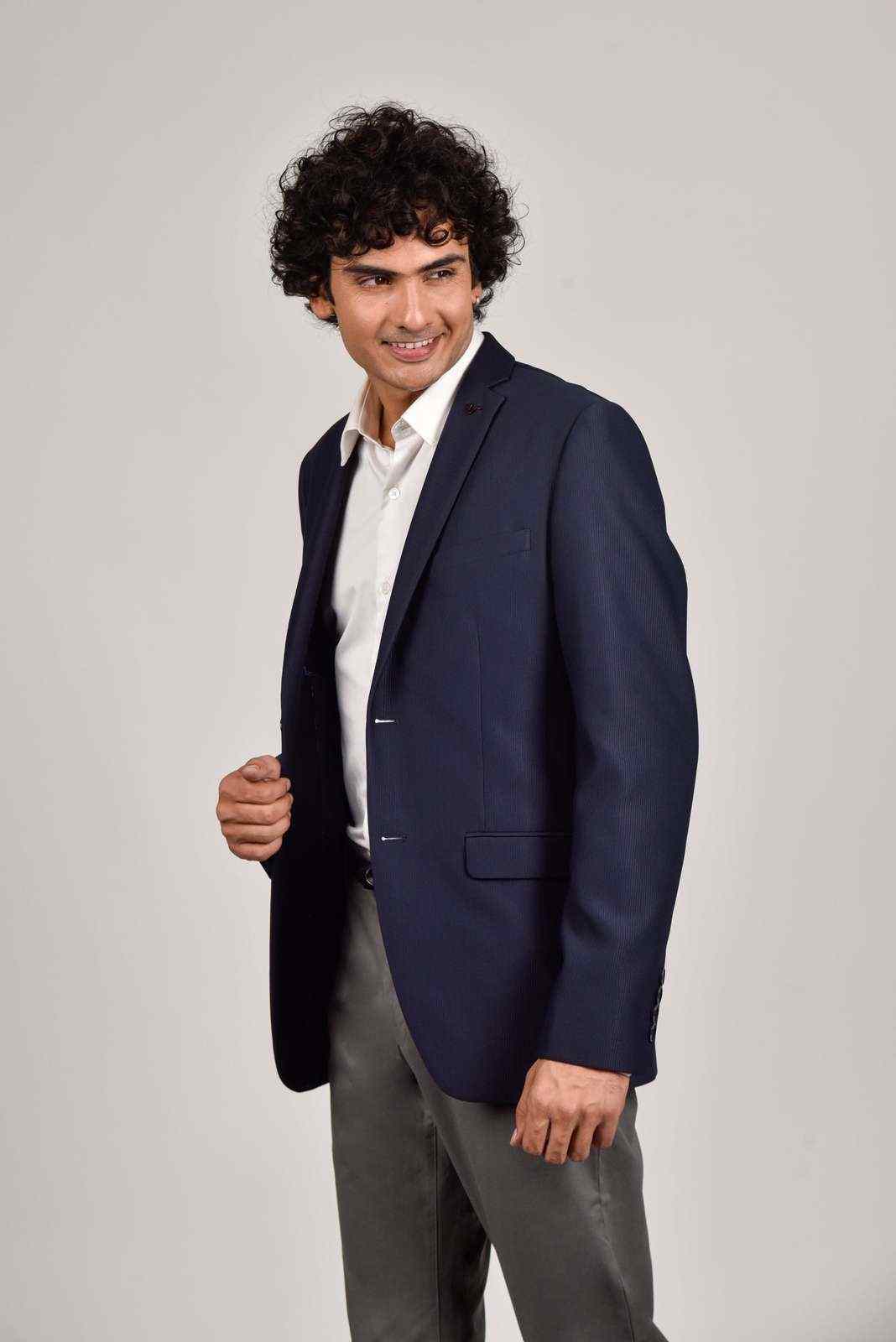 Navy Knitted Blazer with Stretch house-of-united