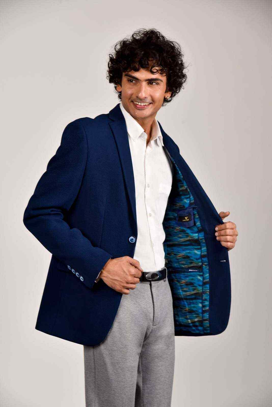 Navy Knitted Stretchable Blazer house-of-united