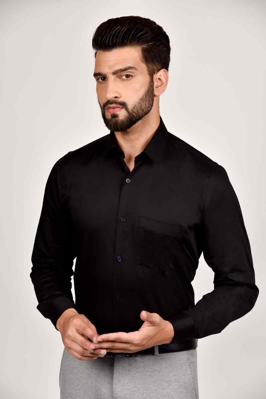 Plus Size Black Cotton Satin Shirt