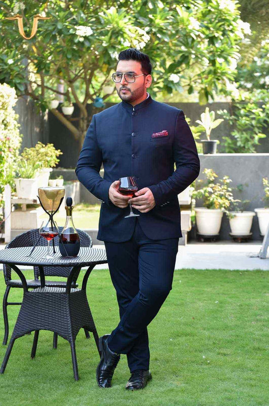 Navy Knitted 2 Pc Bandhgala Suit house-of-united