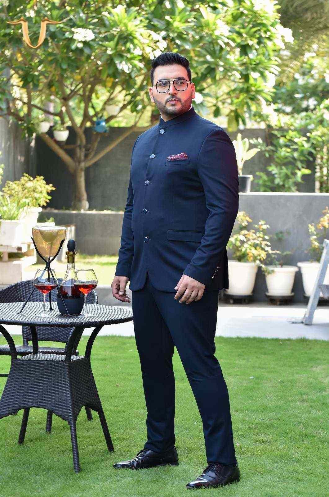 Navy Knitted 2 Pc Bandhgala Suit house-of-united