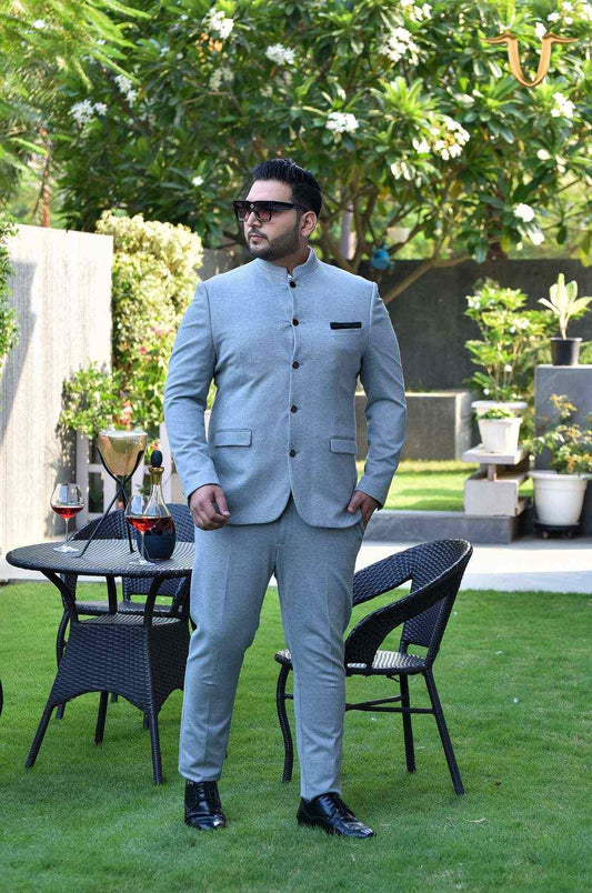 Light Grey Knitted 2 Pc Bandhgala Suit house-of-united