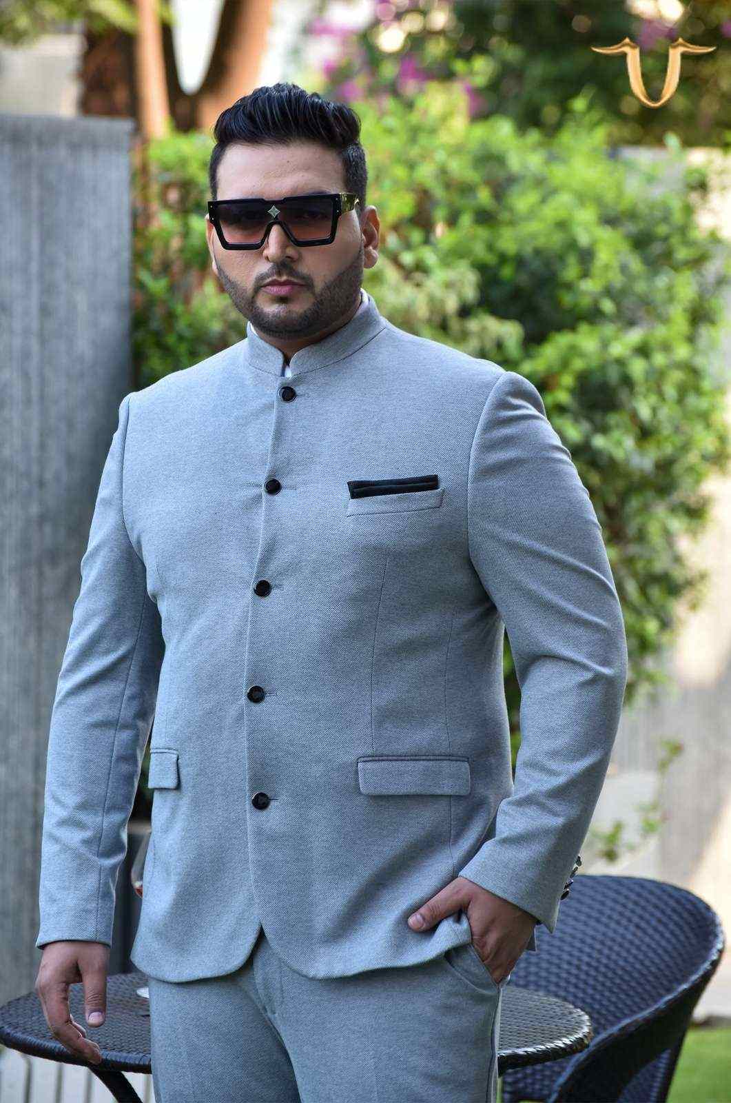 Light Grey Knitted 2 Pc Bandhgala Suit house-of-united