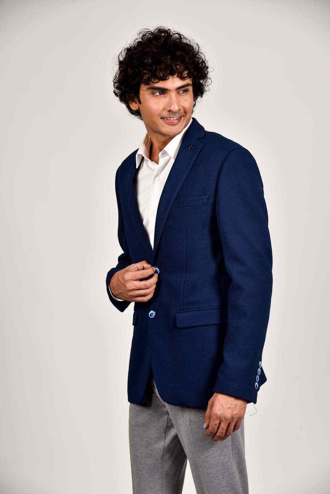 Navy Knitted Stretchable Blazer house-of-united