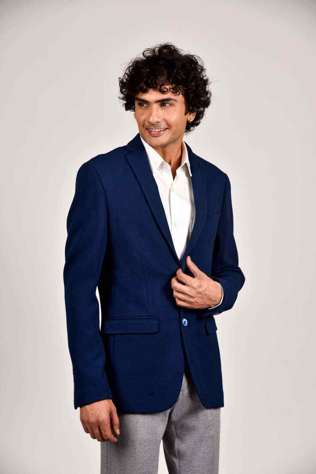 Navy Knitted Stretchable Blazer house-of-united