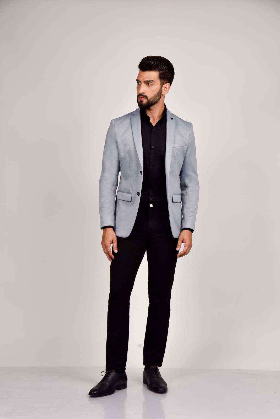 Sky Blue Knitted Blazer with Stretch house-of-united