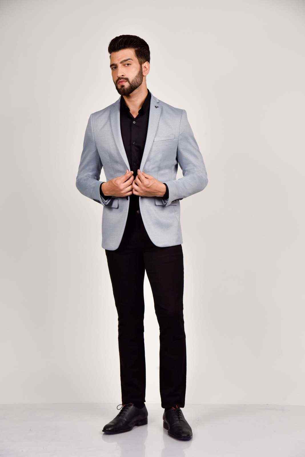 Sky Blue Knitted Blazer with Stretch house-of-united